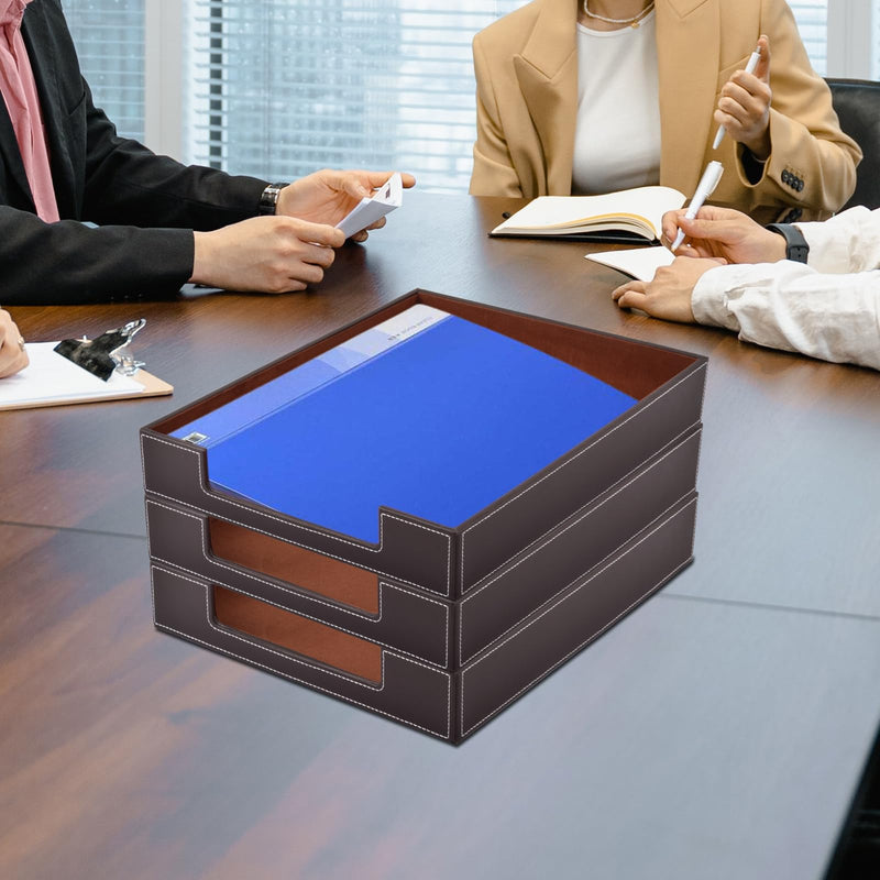 PU Leather 1-Layer Stackable Office File Document Tray Case Rack Paper Letter Tray Desk File Document Organizer Holder (Coffee) Coffee
