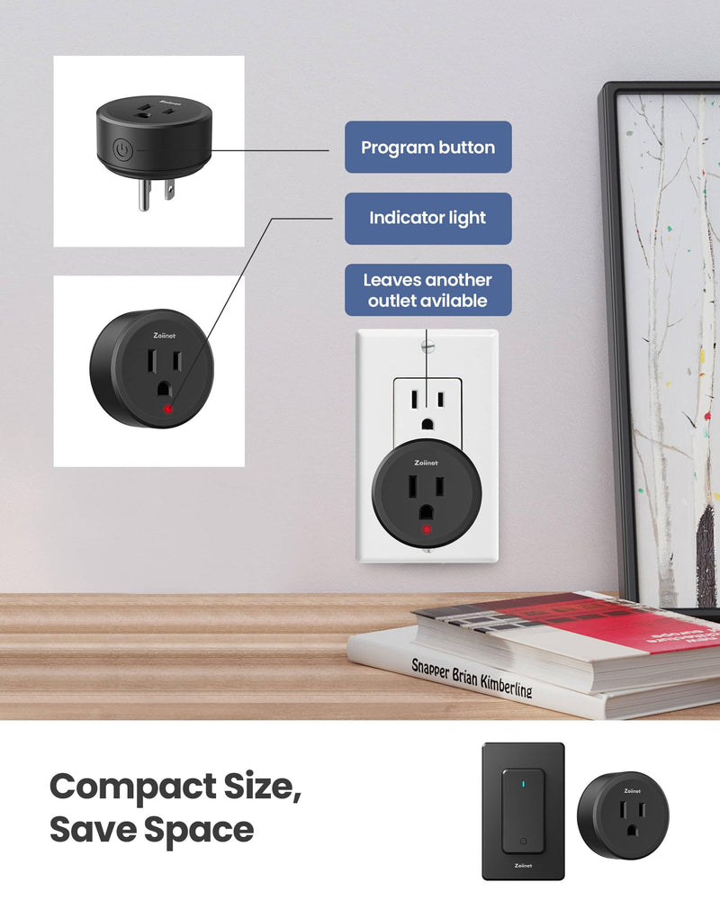 Zoiinet Remote Control Outlet Plug Switch, Buckle Design & Removable Wireless Light Switch, 300 ft, 1500W On Off Power Switch for Household Appliances, No Wiring No WiFi, Programmable, Black(2 Pack) 1 Switch 2 Outlets