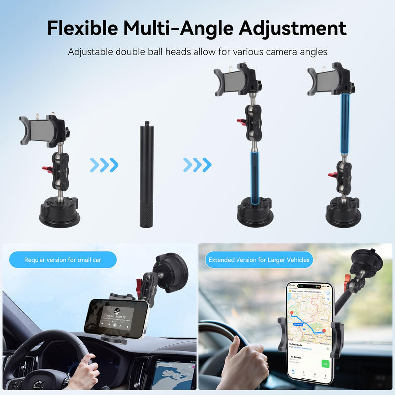 Suction Cup Car Phone Mount, 360°Rotating Car Phone Holder Video Recording, Universal Ball Head Arm for Cellphone Car Holder, Heavy Duty Car Phone Mount for Dashboard, Windshield-SJ003 (Extended) Extended