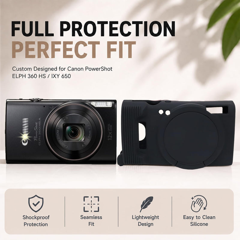 Case for Canon PowerShot ELPH 360/IXY 650 with 2 Screen Protector and 1 Charm Wrist Strap Accessories, Soft Silicone Digital Camera Protector Case with Lens Cover (Black) Black