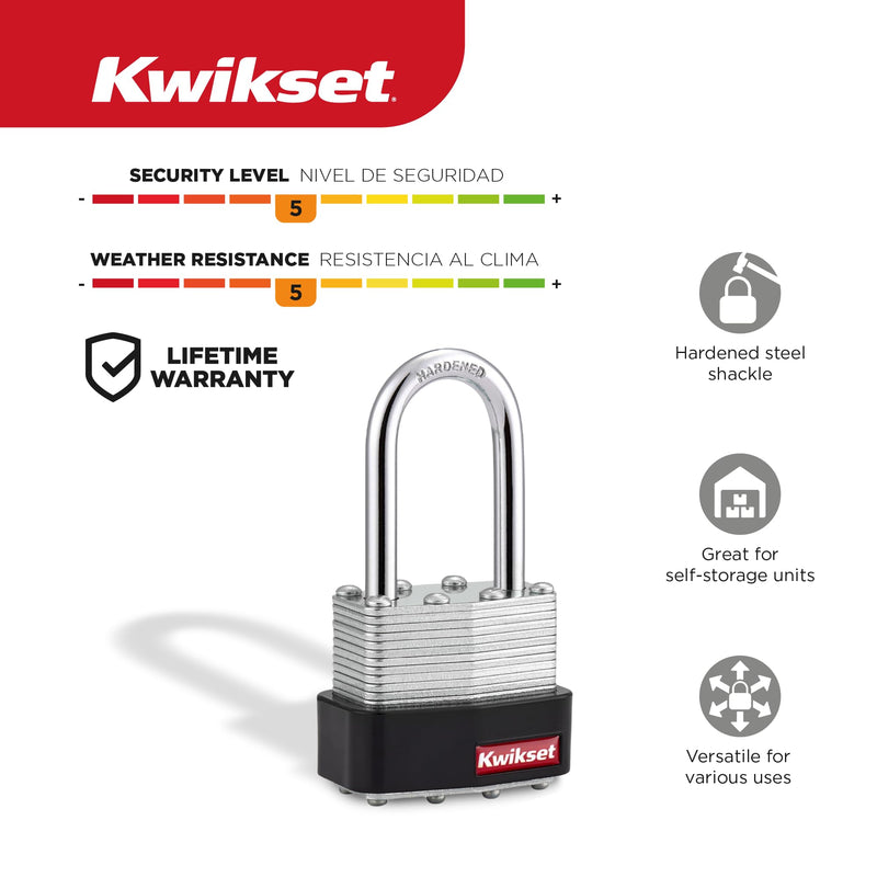 Kwikset Laminated Steel Padlock with Hardened Steel Shackle, Outdoor Gate and Fence Lock, 1-9/16 in Body, 1-1/2 in Shackle, 4 Pack Keyed Alike, Silver 1-1/2 " Shackle