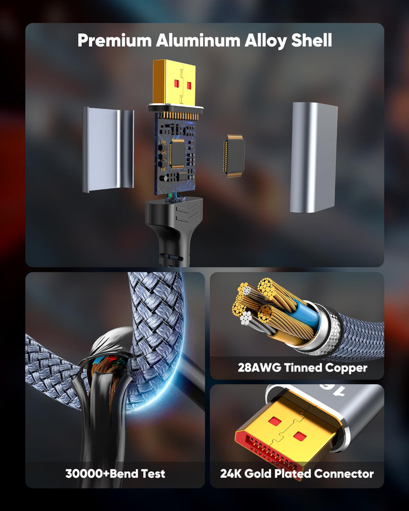 Highwings 80Gbps Displayport Cable 2.1 10FT, 16K@60Hz, 8K@120Hz, 4K@240Hz, DP 2.1 Cable 16K Braided Cord, Compatible with HDR10 DSC 1.2a, G-Sync FreeSync Gaming PC, Gaming Monitor 5090, AMD 7900XTX 10 Feet Grey