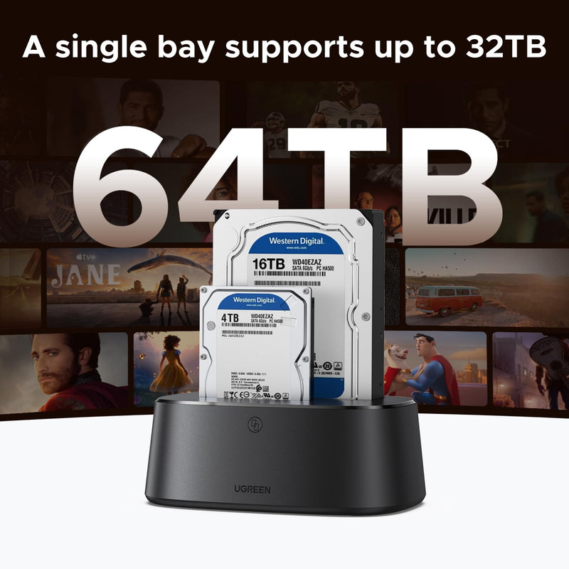 UGREEN Dual-Bay Hard Drive Docking Station for 2.5 & 3.5 SSD HDD Up to 48TB | USB C 3.0 to SATA I/II/III Hard Drive Enclosure Reader with Offline Clone and Duplicator Function Tool Free Installation