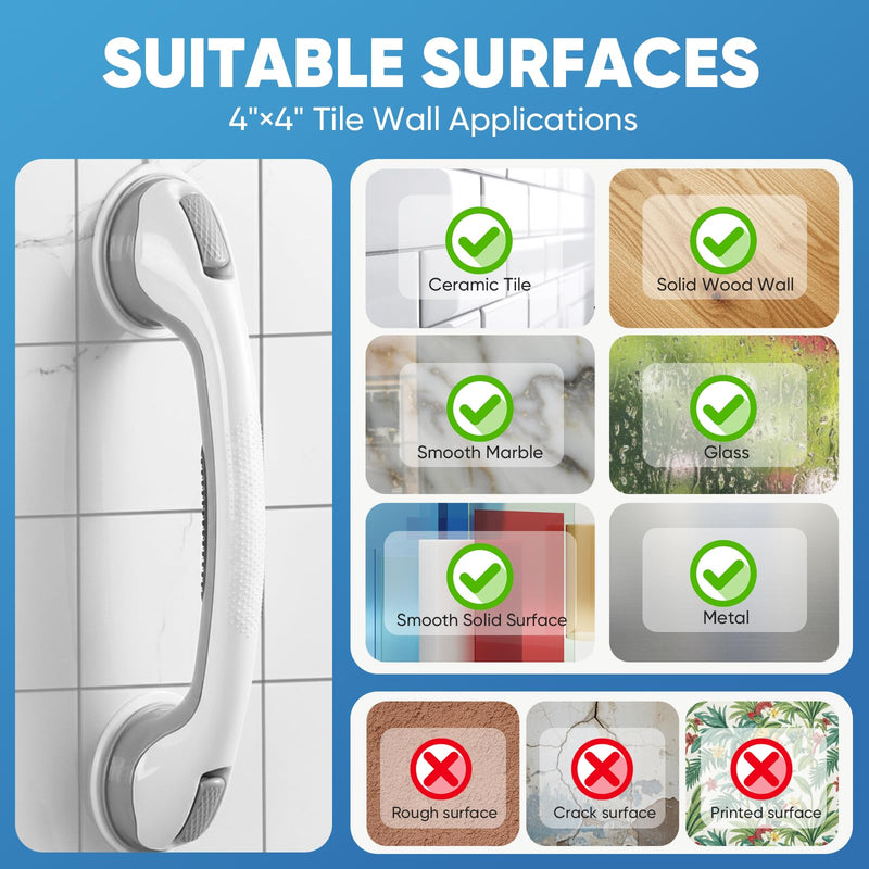 Shower Grab Bars for Bathtubs and Showers, 2 Pack Suction Grab Bars, Heavy Duty Removable Shower Handles with Strong Suction, Bathroom Safety Grip for Seniors, Elderly, Handicap, No Drilling, Gray