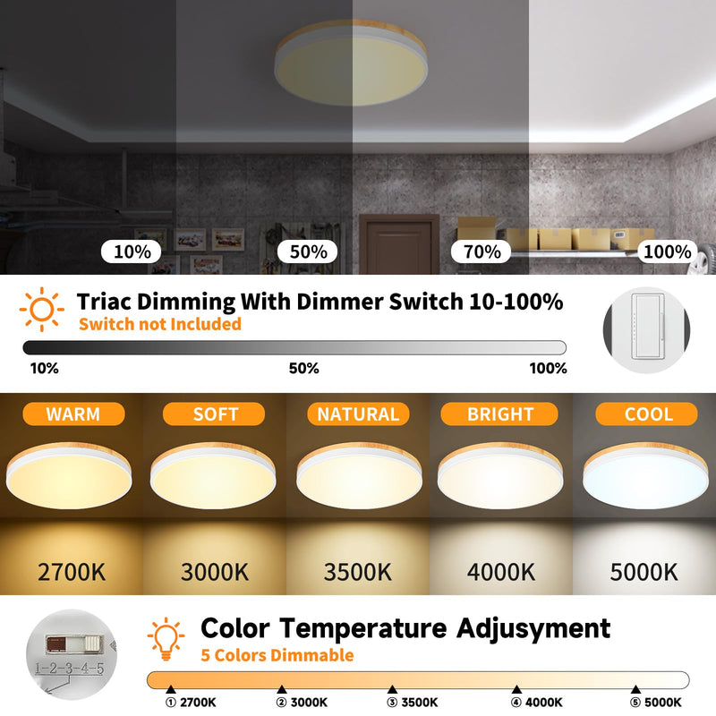 White Wood 24W Modern LED Flush Mount Ceiling Light, Close to Ceiling Light Fixture, 2700-5000K Dimmable, Round Ceiling Lamp for Bathroom Kitchen Entry Way Bedroom Laundry Room Hallway Wood & White 12 inch