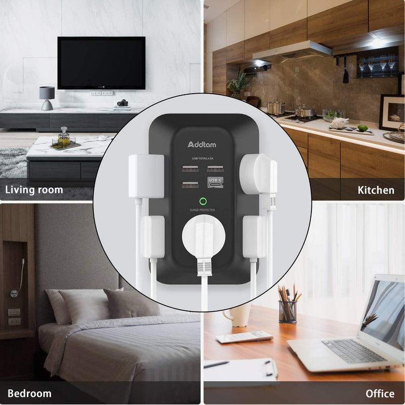 USB Wall Charger Surge Protector - Addtam 5 Outlet Extender with 4 USB Charging Ports (1 USB C), 3-Sided 1800J Power Strip Multi Plug Outlets Adapter Widely Spaced,Black 1C3A