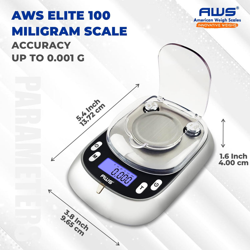 AWS Elite-100 Milligram Scale 100g x 0.001g–Digital Jewelry/Lab Scale for Powder, Gold, Gems – Includes Calibration Weights, Tweezers & Tray–Tare, Cal, 6 Units (Gemini Pro - 100g) Elite Pro - 100g