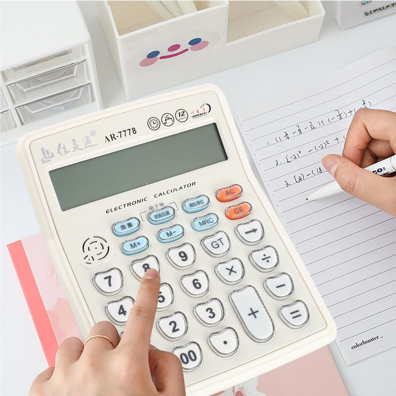 Electronic Desktop Calculator with Musical Function Big Buttons Calculator Time Date Display 12 Digits LCD Tilted Screen for Office Business Store