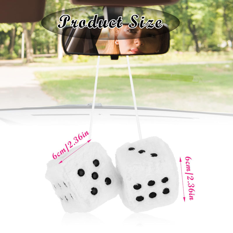 Fuzzy Plush Dice for Car Mirror 2.36” Pair of Retro Square Decoration Dice with White Dots Car Interior Hanging Ornament Decoration(White)