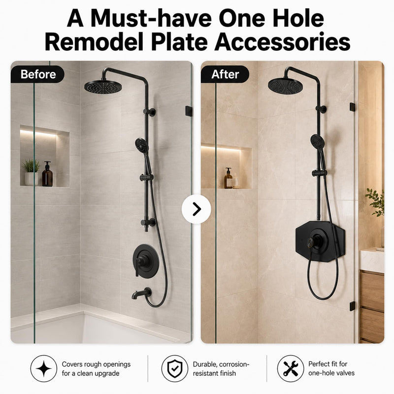 One-Hole-Remodel-Cover-Plate Compatible with Moen & Delta Shower Valve Trim Single Hole Renovation Shower Cover Plate for 2 Handle or 3 Handle Shower(Black) Black