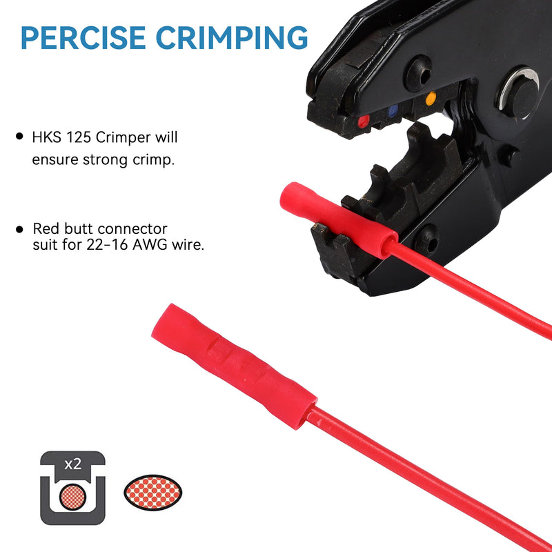 HKS 500 PCS Vinyl Insulated Butt Connector Red 22-16 AWG - Electrical Connectors - Tinned Red Copper 0.7mm - Automotive Crimp Insulated RED 500PCS