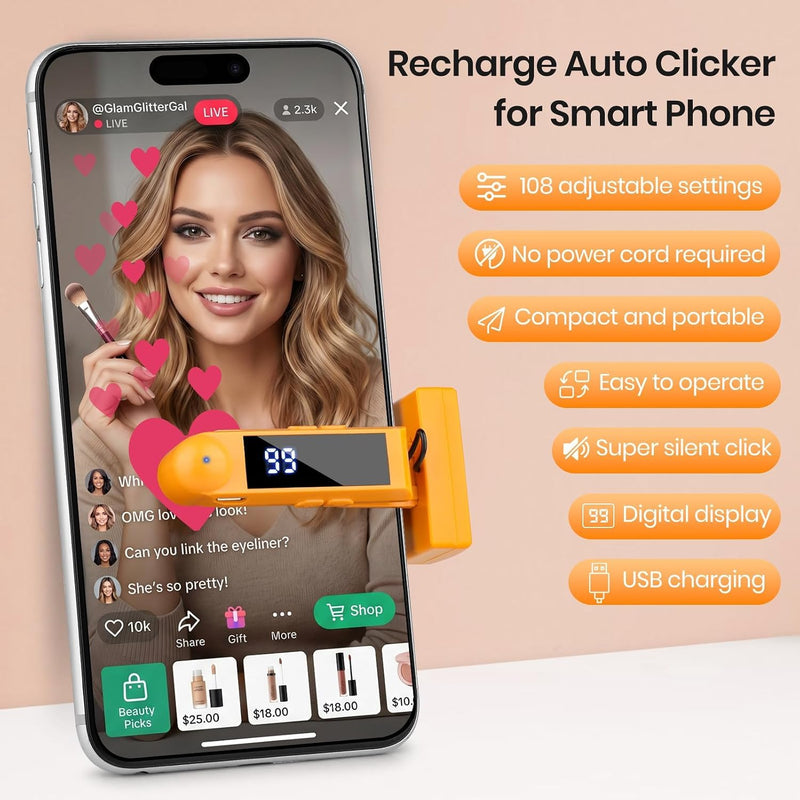 Keledz Recharge Auto Clicker for TikTok,iPhone iPad Apps,Game,Live(Orange) | 107 Adjustable Speeds,Fast Click Simulation Finger Continuous Click