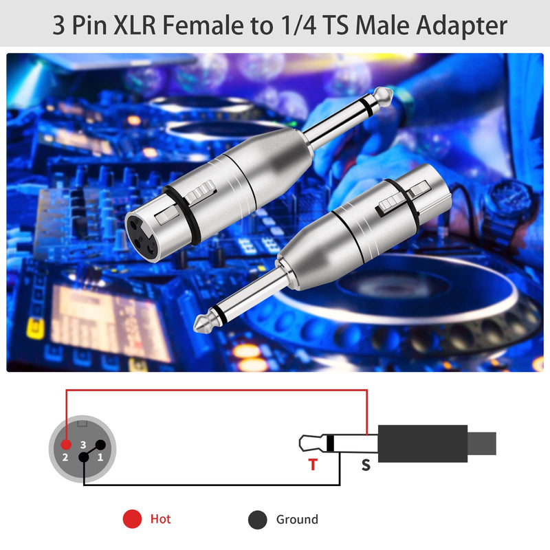 tisino XLR Female to 1/4" TS Mono Adapter, Unbalanced Female XLR to Quarter Inch 6.35mm Male Adapters - 2 Pack XLRF to 1/4" TS