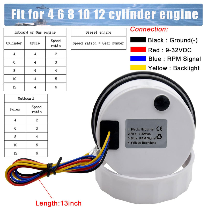 85MM RPM Tachometer Gauge 6000RPM Automotive Replacement Tachometers 0-6000 RPM Tacometro Meter LED for Car Auto Boat Truck Tachometer Gauge 7 Colors Backlight 9-32V 3-3/8" Black 6000 RPM