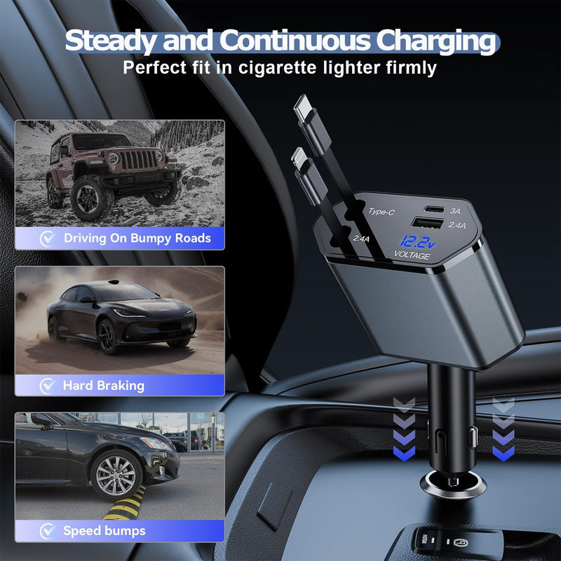 66W Retractable Car Charger Fast Charging,4 in 1 Car Charger USB Fast Charge with Retractable USB C Cable + Lightning Cable,USB C Port and USB A Port Car Phone Charging for iPhone 17/16/15/14/13,iPad