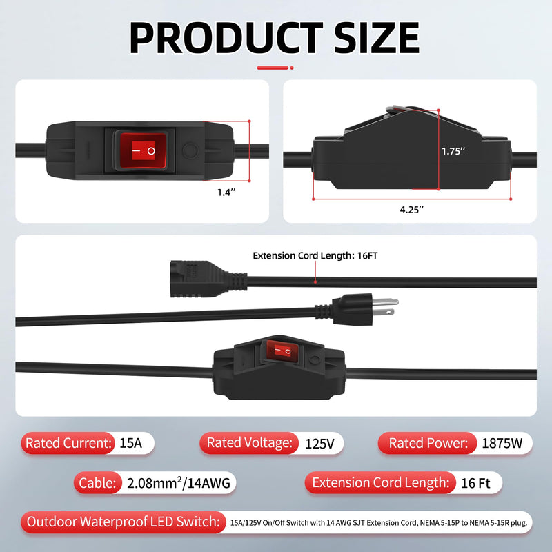 Joinfworld Switched Extension Cord 16 Ft Outdoor 14 AWG 3 Prong Heavy Duty Extension Cord with Switch On/Off 15A 125V Waterproof Lighted Extension Cord Inline Power Switch for Electrical Equipment
