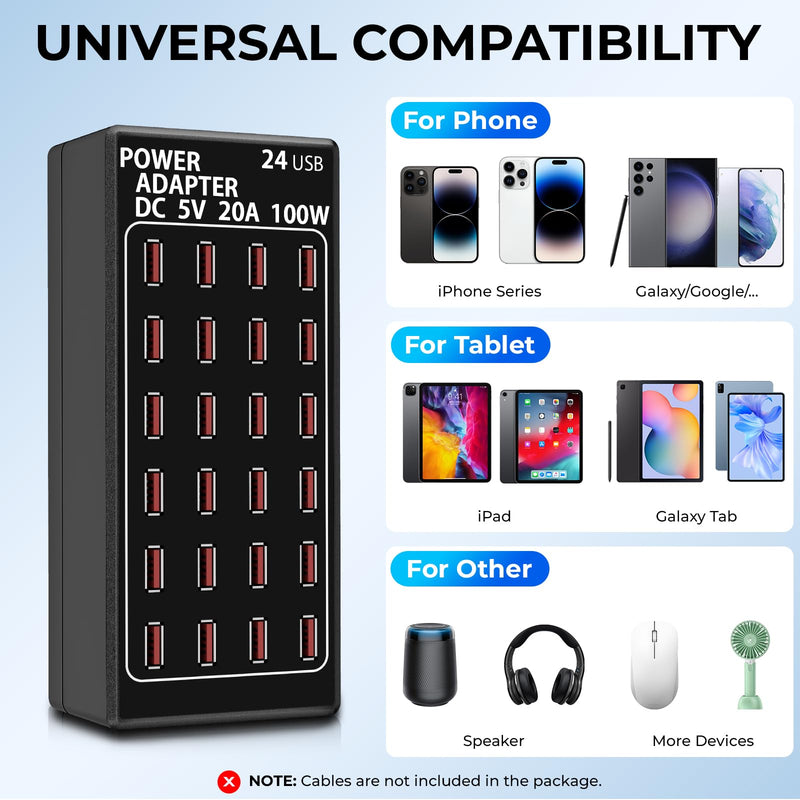 USB Charging Station, 100W/20A 24 Port Desktop Multiple Device Charger Station, Multi Ports Fast Phone Charging Station Organizer, Suitable for School Mall Shop Hotel