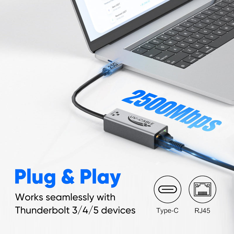 USB-C to Ethernet Adapter 2.5G, Thunderbolt 5/4/3 Compatible, Aluminum | Plug & Play, 2.5 Gigabit Type C to RJ45 Network Adapter, for NAS, MacBook Air/Pro/Neo, XPS, iPhone 17/16 Pro/Max, Laptop Grey 1