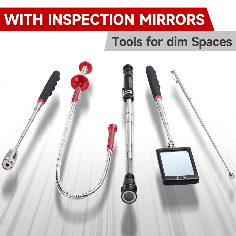 5-Piece Magnetic Pickup Tool Kit - Great Gift for Mechanics - Auto Repair & DIY - Find Nuts/Bolts/Screws - Includes 1lb & 10lb Telescoping Magnets - 360°Mirror & LED Light for Workshop Use