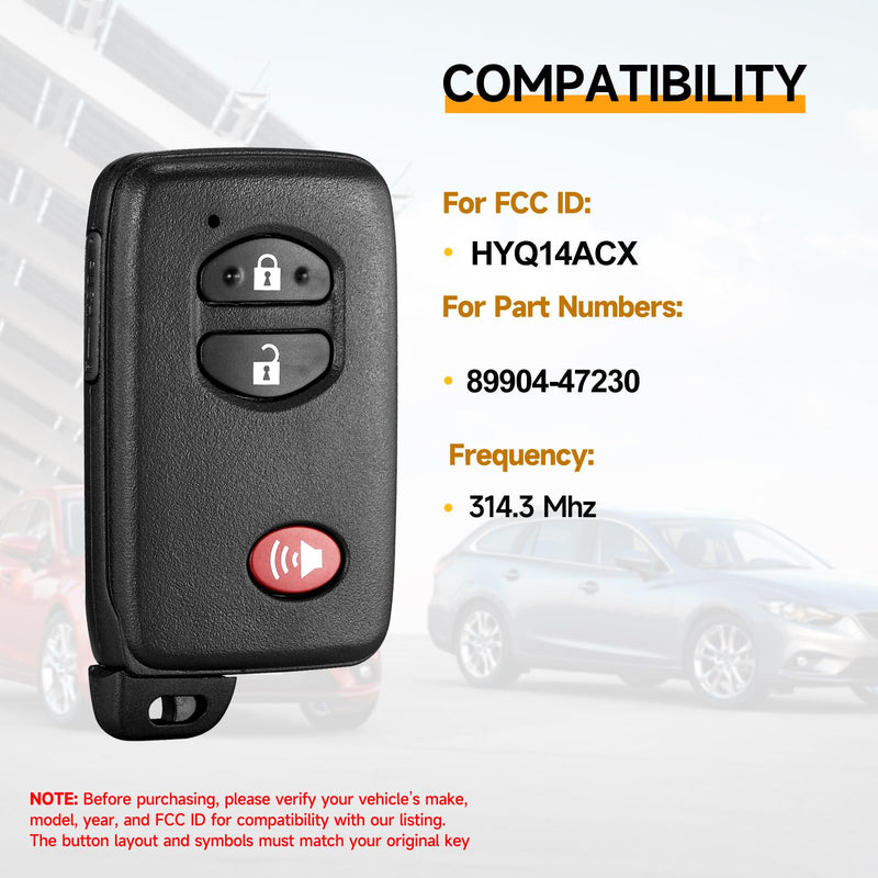 Smart Key Fob Replacement Fits for Toyota Venza 2009-2016 Prius 2010-2015 Prius C 2012-2014 Prius V 2010-2016 Scion TC 2011-2016 4Runner 2010-2019 Car Keyless Entry Control Remote HYQ14ACX 89904-47230