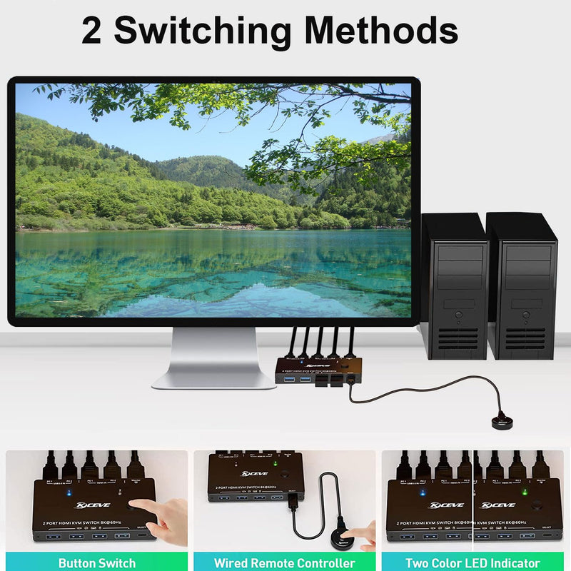 KCEVE HDMI KVM Switch 2 Computer 1 Monitor 8K@60Hz, KVM Switch HDMI 2 Port with 3 USB3.0, Wired Remote, Power Adapter and USB Cables 8K HDMI KVM 2 PC 1 Monitor