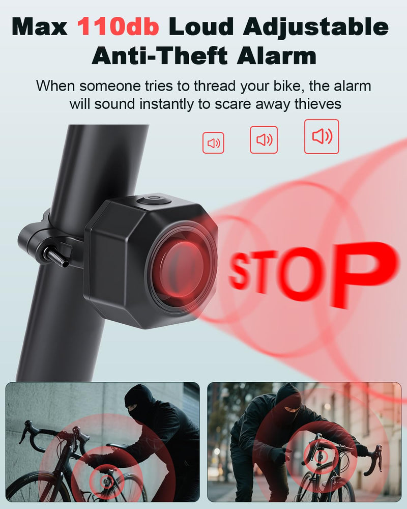 Max 110dB Bike Alarm,Bike Alarms For Ebikes Rechargeable Motorcycle Alarm With Remote,7 Levels Sensitivity Bicycle Alarm, Anti Theft Bicycle Alarm& Ebike Alarm For Car Motorcycle Scooter Ebike