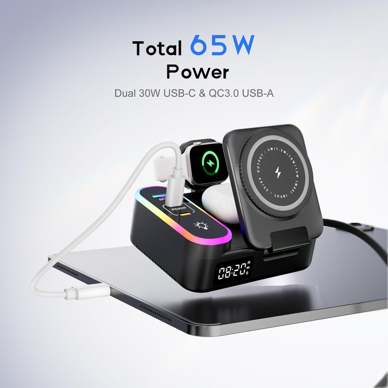 8-in-1 Foldable Wireless Charging Station for Apple Devices with Clock, 65W | Wireless Charge for Apple Watch, Phone & AirPods + 3 Extra Ports. Built‑in Retractable Cord, RGB Light & 65W GaN Fast Charge Black