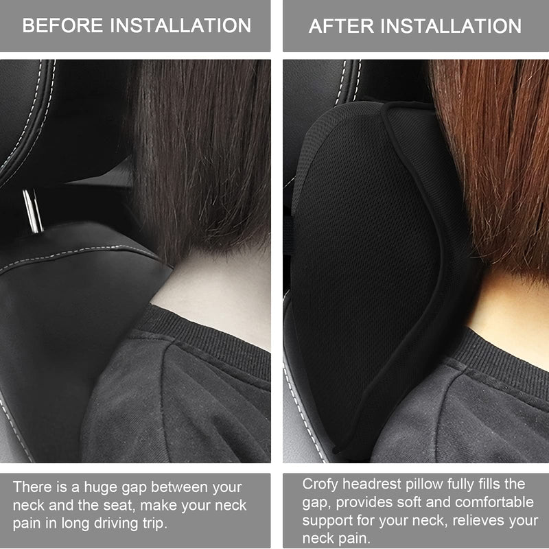 Crofy 2 Pack Car Neck Pillow, Softness Car Headrest Pillow for Driving with Adjustable Strap, 100% Memory Foam and Breathable Removable Cover, Comfortable Ergonomic Design (Black Side Rope) Black Side Rope