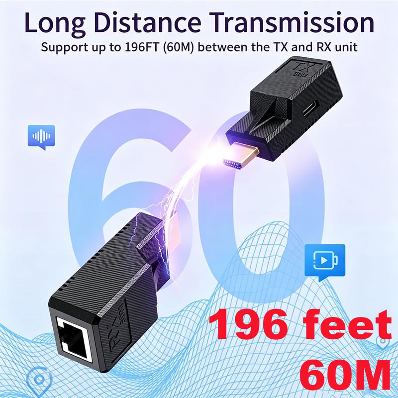 HDTV Extender Over Single Ethernet Cat5e/6 Cable,Support 196ft/60M HD audio and video 1080P@60H stable transmission,HDMI Male to Male RJ45 Network LAN Converter Repeater,for PC,PS3/4,Projector,Monitor