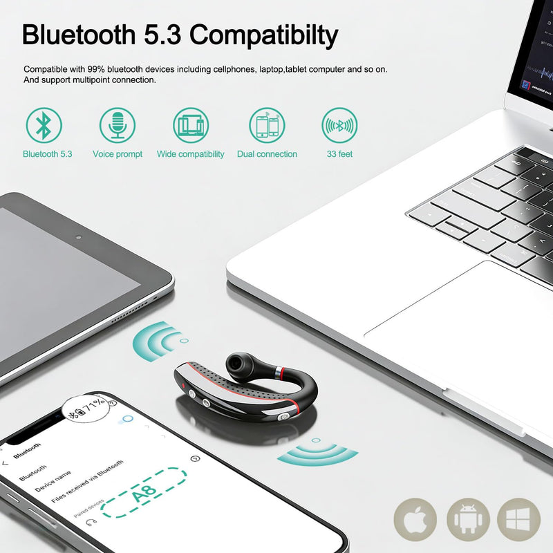 Bluetooth Headset, Wireless Bluetooth Earpiece with 500mAh Charging Case for Hands-Free Ultralight Headphones V5.3 with Microphone for iOS Android for/Business/Office/Trucker (Red) Red