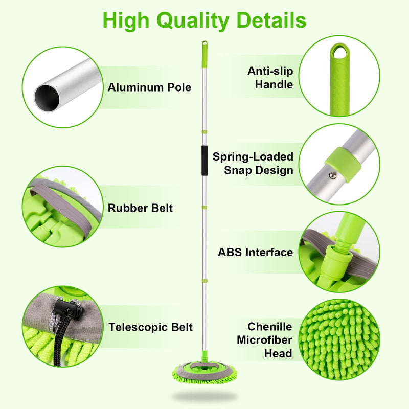 Ordenado 62" Car Wash Brush Kit Mitt Mop Sponge with Long Handle Chenille Microfiber Car Cleaning Brush Kit Supplies Car Washing Mop Kit Car Care Kit of Scratch-Free Replacement Head for Car RV Truck A-green
