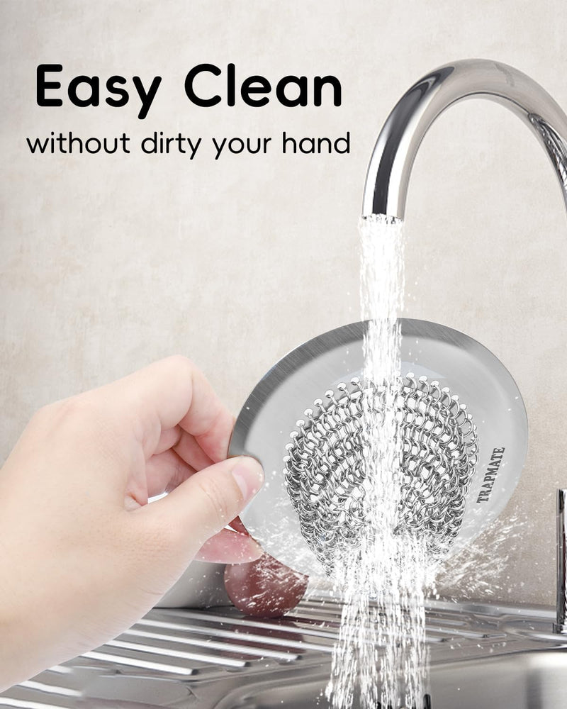 TRAPMATE 2 Pcs Kitchen Sink Drain Strainer, Stainless Steel Sink Strainer Basket with Easy Clean & Anti-Clog, Fits Garbage Disposal, Dishwasher Safe, Single & Double Bowl Sinks (Patented Product) Light Silver Silver