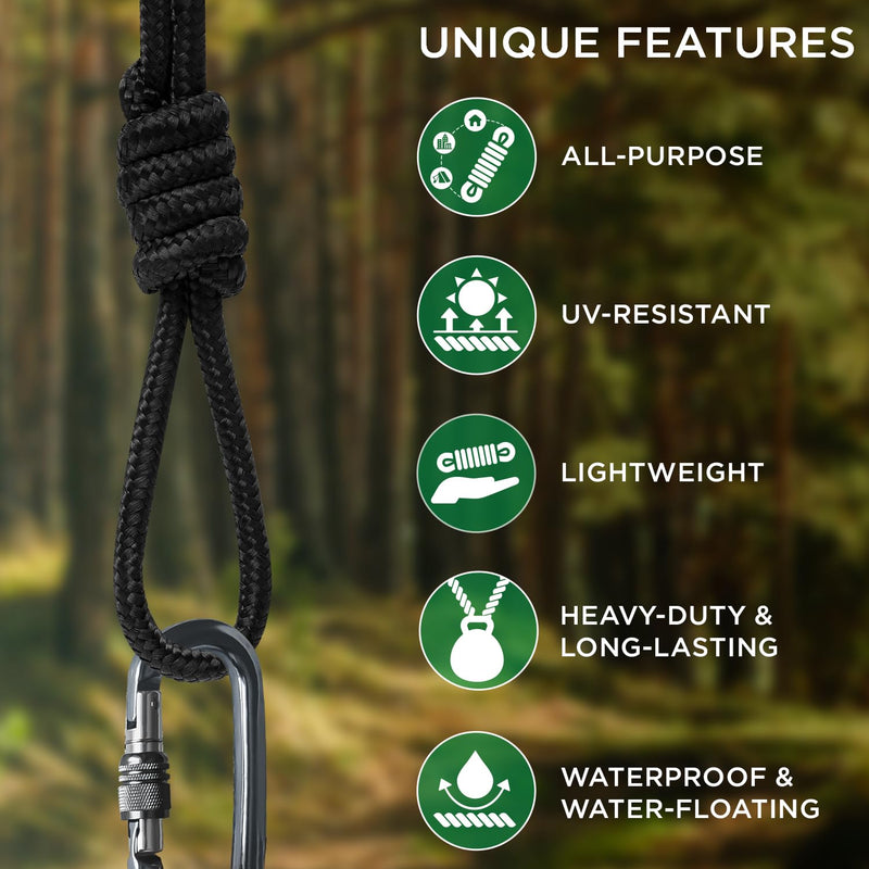 TECEUM Rope 1000lb – 1/4” & 3/8” – 90 FT | 150 FT – Strong All-Purpose Utility Rope – Camping, Crafting, Flag Pole, Indoor & Outdoor – Polypropylene Nylon Poly Lightweight Diamond Braided Cord – Black 1/4" - 90 FT (27.5M)