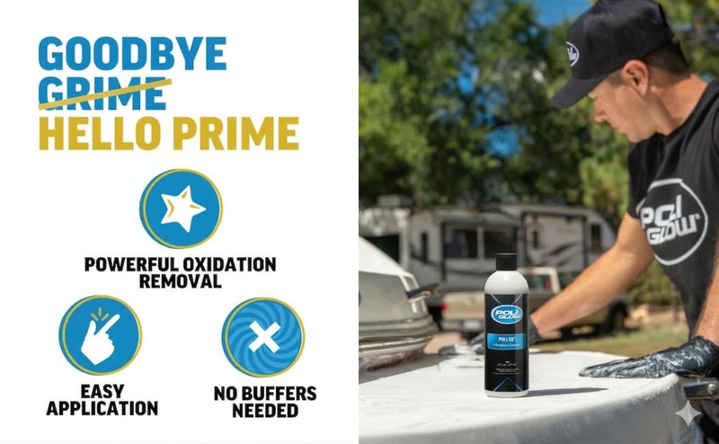Poli Ox® Oxidation Removal Kit for Boats, RVs, or Fiberglass Surfaces–Removes Heavy Oxidation, Stains & Grime–Safe on Fiberglass, Gelcoat, Vinyl Decals: Includes 16 oz Cleaner, Scrub Pad & Sanding Pad Liquid Ox