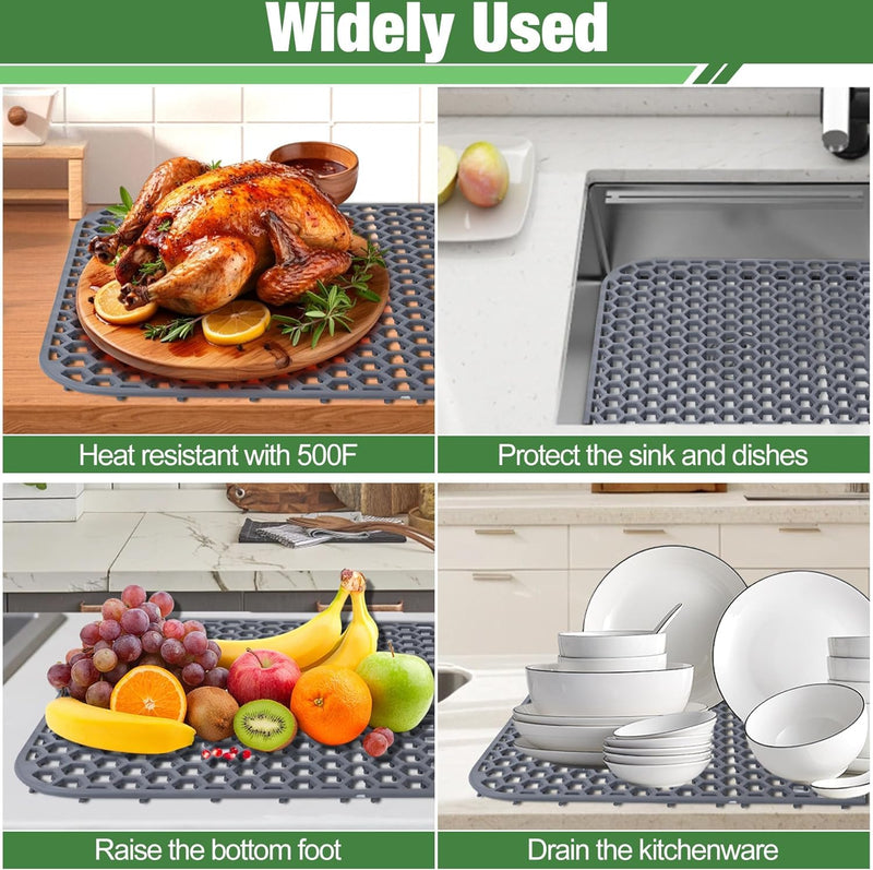 Sink Protectors Mat - 25.79"x13.98" Kitchen Sink Pad for Bottom of Basin for Protection of Stainless Steel and Tableware, Farmhouse Rubber Basin Mat Protector with Center Drain - Light Gray 25.79"x13.98" - Center Drain