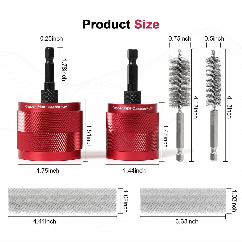 Copper Pipe Cleaner for Drill, Plumbing Tools Set 1/2" & 3/4" with 1/4" Hex Shank & 6 Brush Blades & 2 Pipe Brush, for Removing Rust, Stains & Paint from Copper & Metal Pipes, Red, Metal Cleaning Kit 1/2" & 3/4"