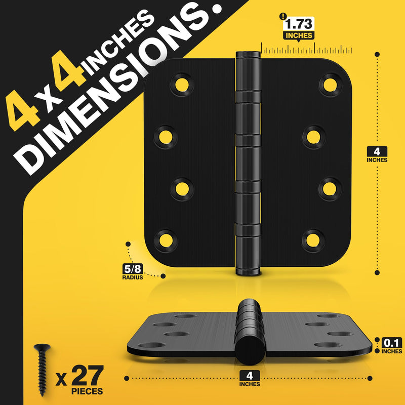 KOLET Ball Bearing Door Hinges, 4 x 4 Inches Door Hinges, Heavy Duty Stainless Steel Hinges, 5/8'' Radius Corner, Smooth and Quiet, Non Removable Pin, Matte Black, 3 Pack