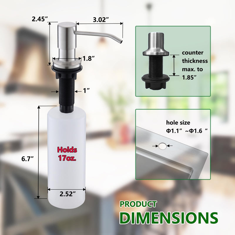 Built in Soap Dispenser for Kitchen Sink, Stainless Steel Brushed Nickel Countertop Pump Head, Dish Soap Hand Lotion Dispenser with Refillable 16.9oz Bottle