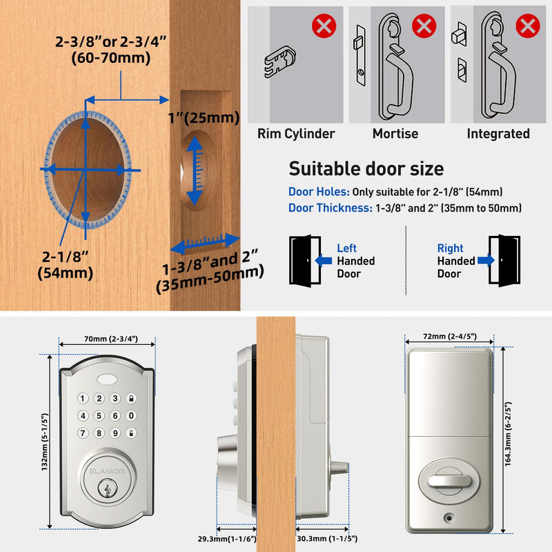 Keyless Entry Door Lock - Electronic Door Lock with Keypad, Smart Deadbolt Lock with Auto Lock, Security Waterproof Smart Lock, Easy to Install, Ideal for Front Door, Home Use, Apartment - ELAMOR M19 Sand Nickel