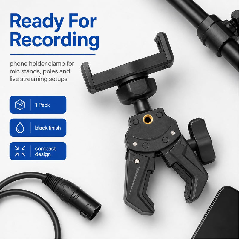 Mic Stand Phone Holder with 360 Rotation | For iPhone Samsung All Phones, Adjustable Clamp Fits 0.47-1.1 Inch Poles, 3 Ball Joints, 180° Tilt for Music Performance