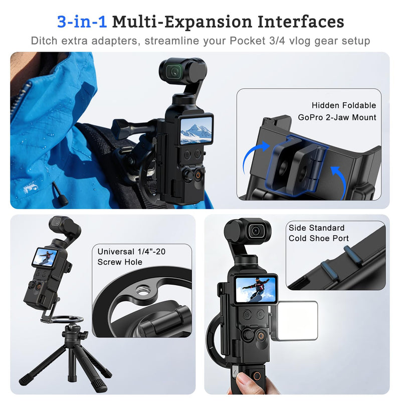 Magnetic Mount Stand for DJI Osmo Pocket 3/4/4P Accessories | Multi-Angle Adjustable Expansion Phone Bracket w 1/4 Hole & Cold Shoe/GoPro Mount, for Vlog Live Stream Outdoor Shooting