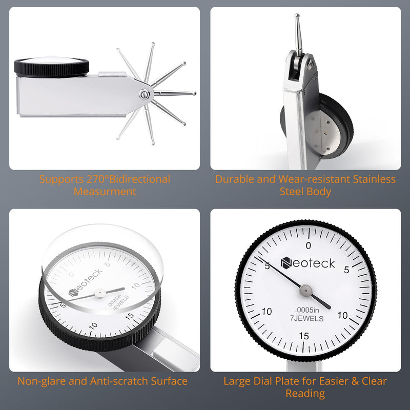 Neoteck Dial Test Indicator with Storage Case, 0-0.03"/0.0005" Test Indicator with 2 Steel Dovetail Clamps 3/8'' and 5/32'' for Machine Set-Up, Narrow Area Measurement -Silver Silver
