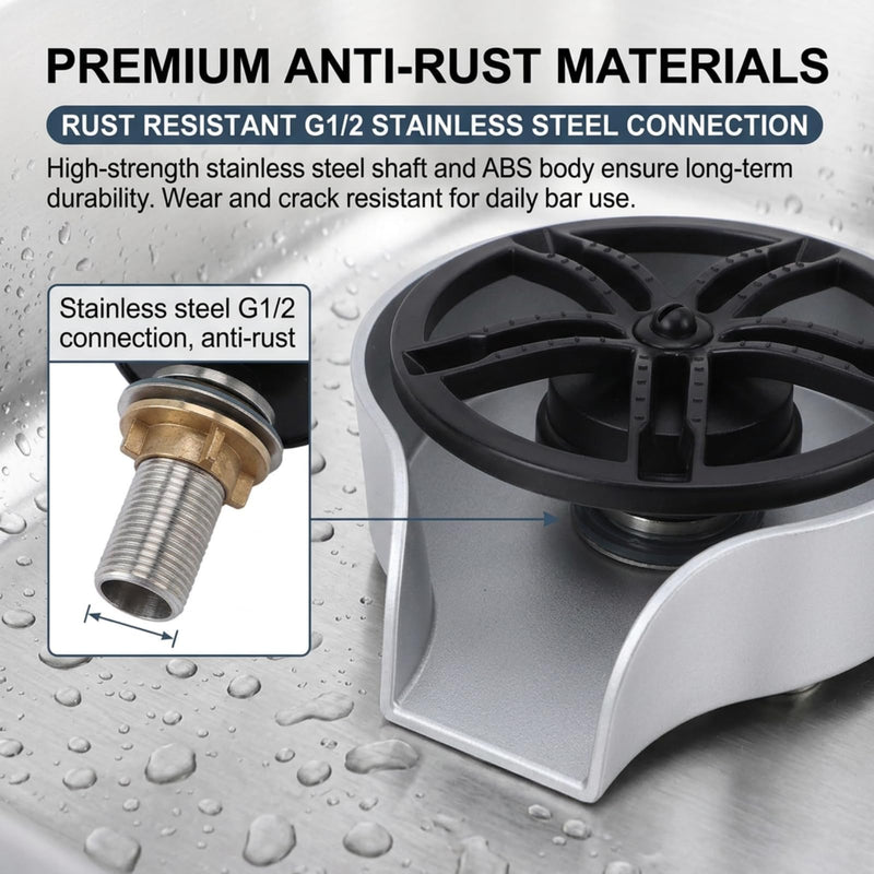 Automatic Glass Rinser for Kitchen Sink, Stainless Steel Cup Washer with G1/2 Thread, Professional Corrosion-Resistant Pressure Glass Washer, ABS Plastic Base Silver