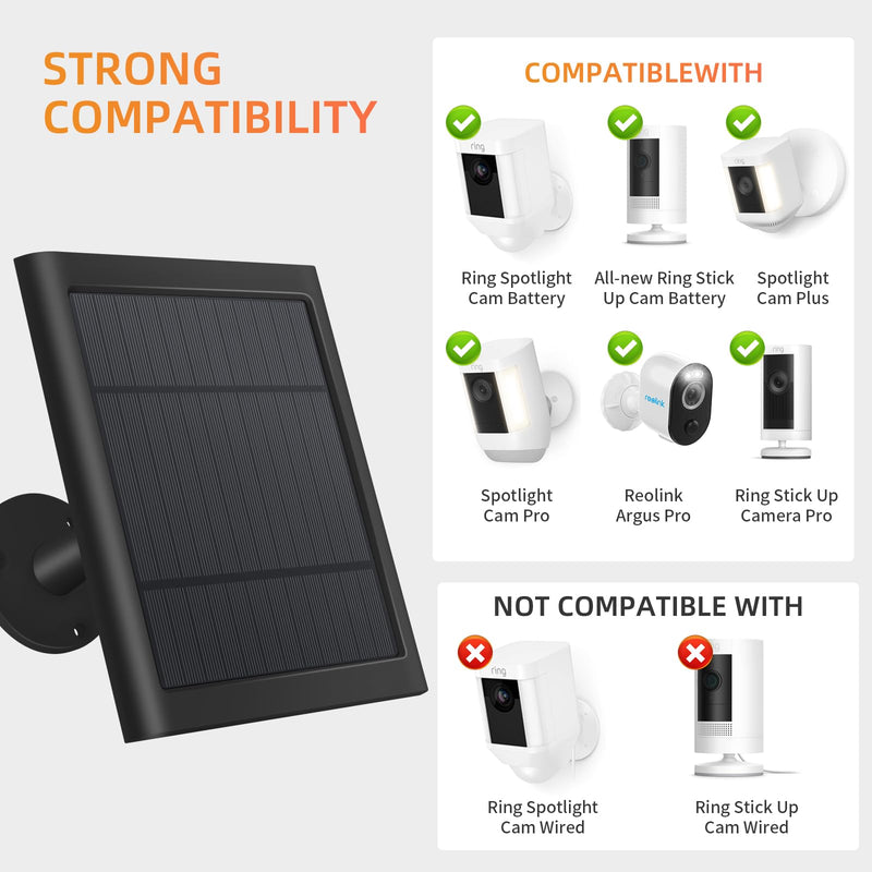 Solar Panel for Ring Camera, 4W Solar Charger Compatible with Ring Spotlight &Stick Up Outdoor Cam Battery, 10FT/3M Long Cable with USB-C to Ring Barrel Plug Adapter, Black 1pc