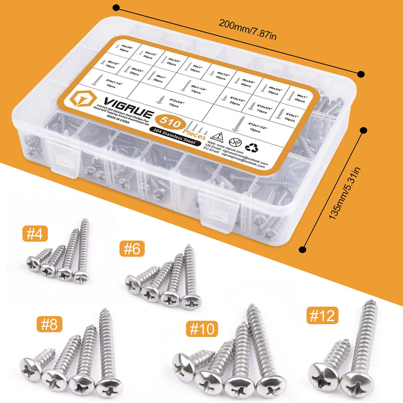 VIGRUE 510Pcs Stainless Steel Wood Screws Assortment Kit, #4#6#8#10#12 Phillips Pan Head Sheet Metal Screws Self Tapping Screws Set,Length 3/8" to 1-1/2" 510Pcs Pan Head #4#6#8#10#12