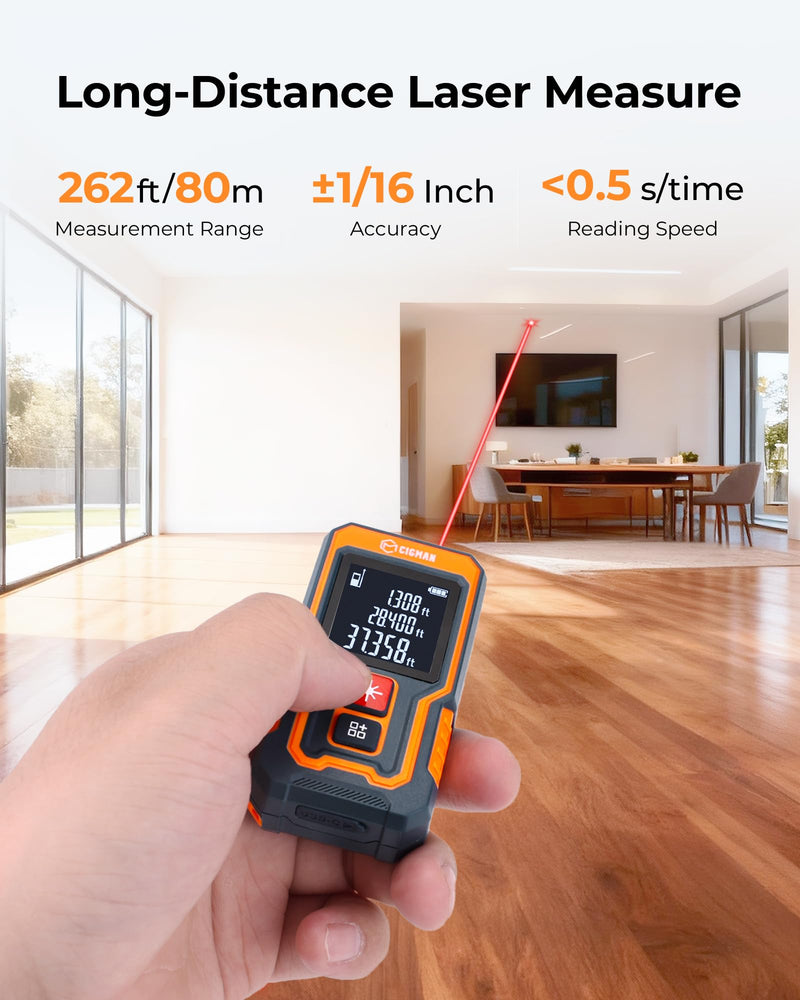 Laser Measuring Tool 262Ft, CIGMAN Pocket-Size Digital Laser Tape Measure, Mini Rechargeable Laser Measure with High Accuracy, 4 Units Ft/Ft+in/in/M, Backlit LCD, Length/Area/Volume/Pythagorean Mode