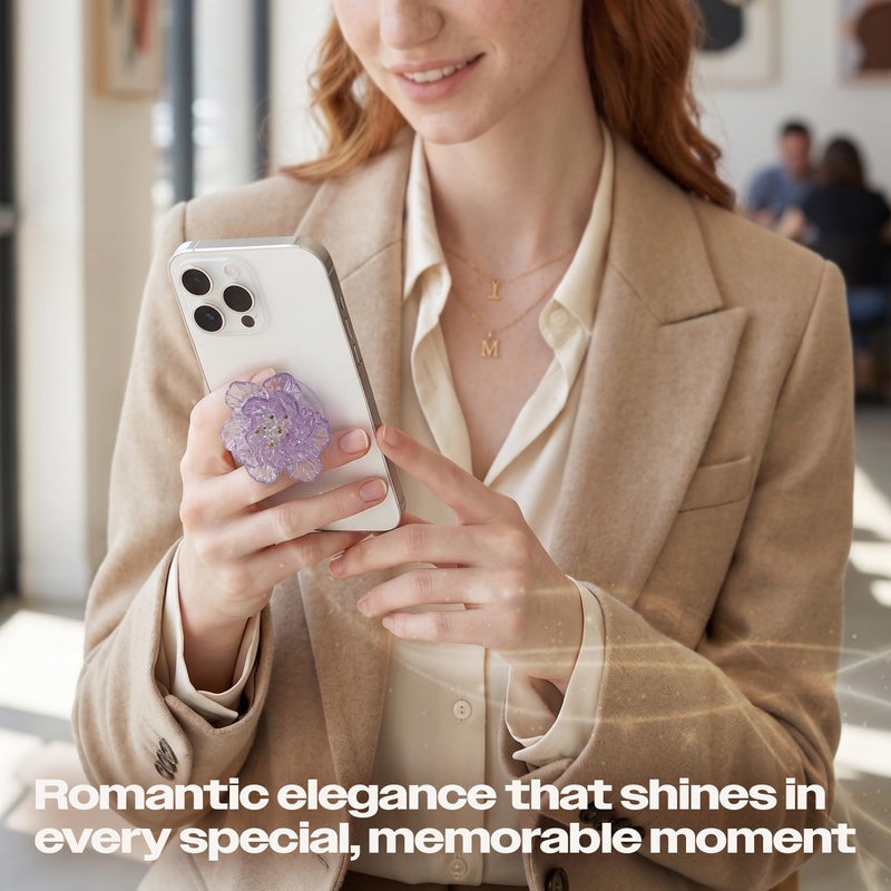 On The Grip 3D Lotus Flower Phone Grip - Collapsible Smartphone Stand & Kickstand, Pearl White & Lavender Crystal Topper (Clear Lavender) Clear Lavender