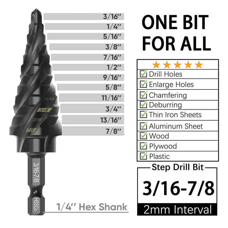 M35 Cobalt Step Drill Bit Four Spiral Flute, 3/16"-7/8" (12 Step Sizes) - Ideal for Metal, Stainless Steel, Wood, Plastic - 1/4" Hex Shank 3/16" - 7/8"