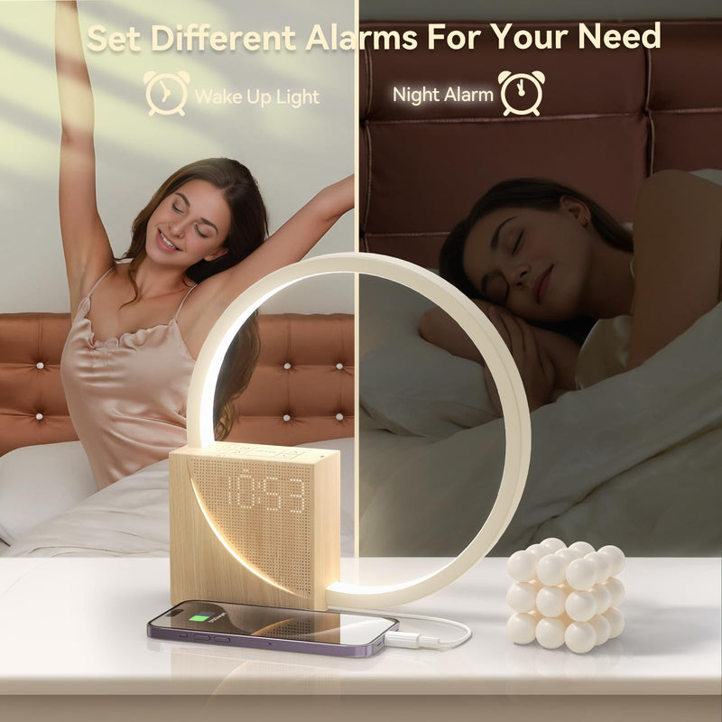 Vivilumens Sunrise Alarm Clock for Heavy Sleepers Adults, Wake-up Light, Sleep Aid 10 White Noise Sound Machines with 30/60/90 Timer, 3 Level Dimmable Touch Table Lamp with Snooze USB Charger Port Wood Grain