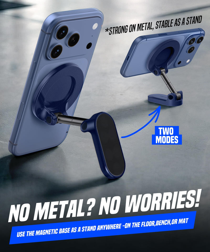All Metal Dual Magnetic Gym Phone Holder for MagSafe, Blue | 360°Adjustable, Fit for iPhone/Android, Tri-Axis Phone Mount,Gym Accessories for Bodybuilder Men Women Workout recording